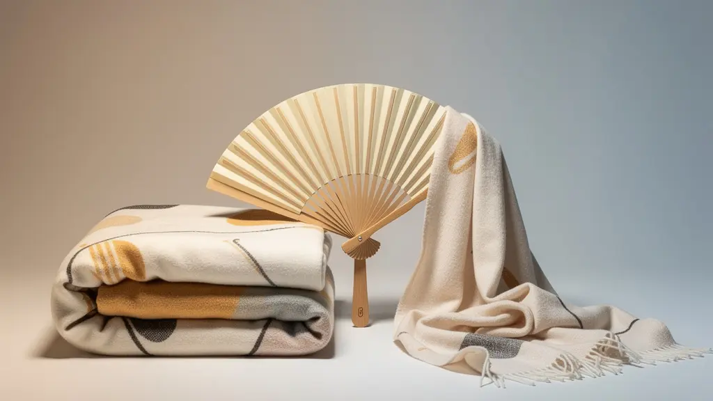 Composition minimaliste d'accessoires de confort thermique pour séminaire sur fond neutre