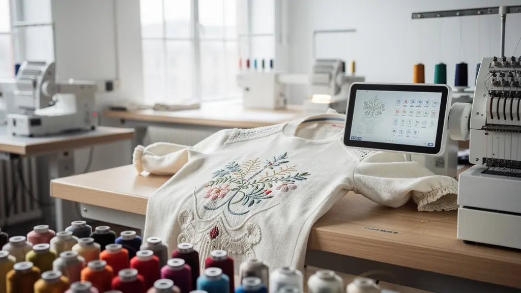 Atelier de broderie textile professionnel avec machines et fils colorés