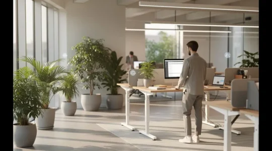 Espace de bureau moderne avec technologies connectées intégrées créant une ambiance de travail optimisée