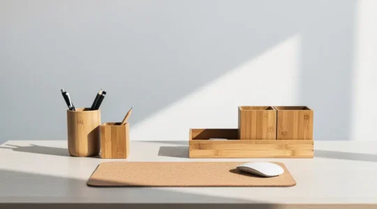 Espace bureau moderne avec accessoires écologiques en bambou et matériaux recyclés