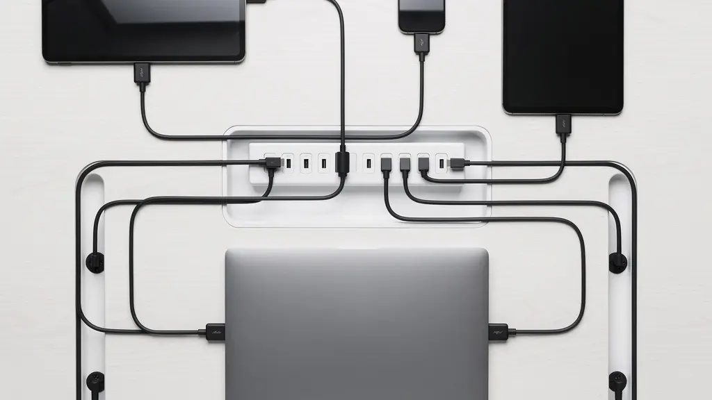 Vue aérienne d'un bureau organisé avec station de charge USB-C