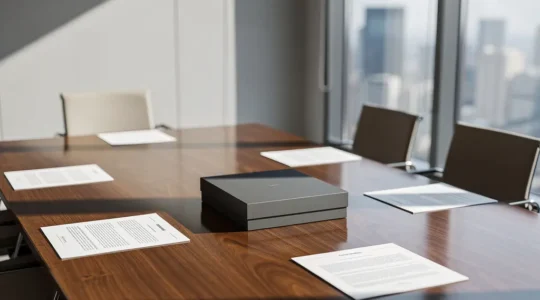 Une scène de bureau moderne montrant une table de négociation avec des documents d'appel d'offres et un élégant coffret cadeau d'entreprise posé stratégiquement