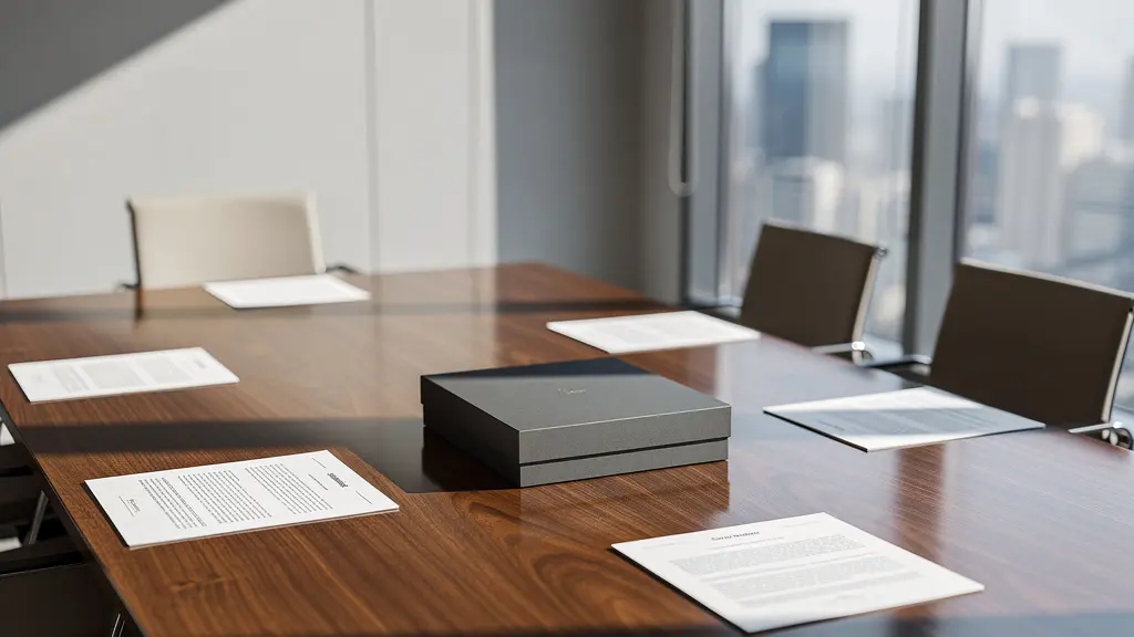 Une scène de bureau moderne montrant une table de négociation avec des documents d'appel d'offres et un élégant coffret cadeau d'entreprise posé stratégiquement