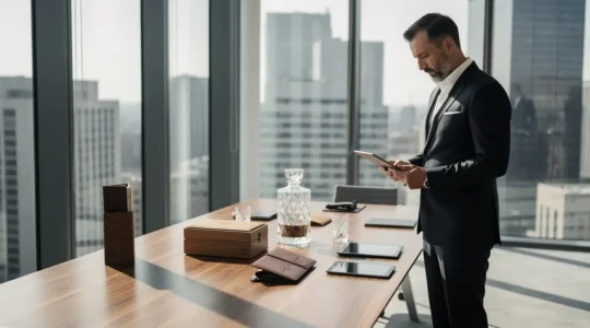 Homme d'affaires examinant avec attention différents objets de prestige disposés sur une table en bois noble dans un bureau moderne et épuré