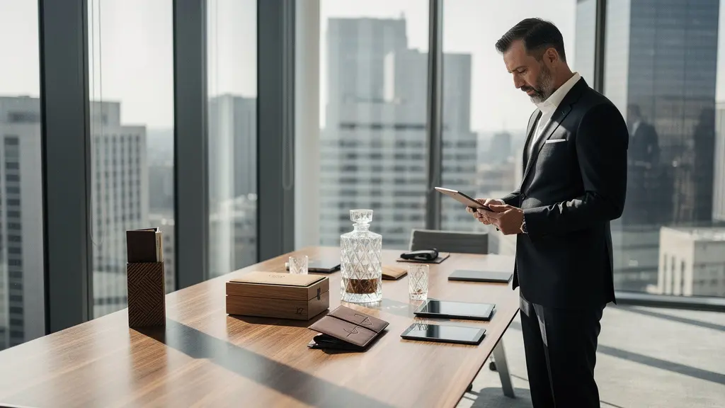 Homme d'affaires examinant avec attention différents objets de prestige disposés sur une table en bois noble dans un bureau moderne et épuré