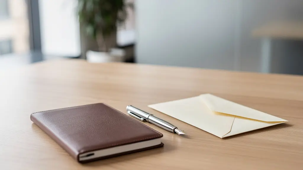 Composition épurée d'un carnet en cuir noir, stylo plume et enveloppe cachetée sur bureau en bois clair