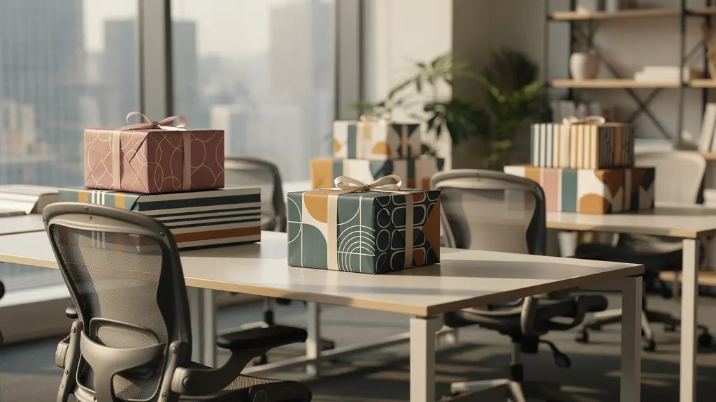 Cadeaux d'entreprise soigneusement disposés sur des bureaux dans un espace de travail moderne