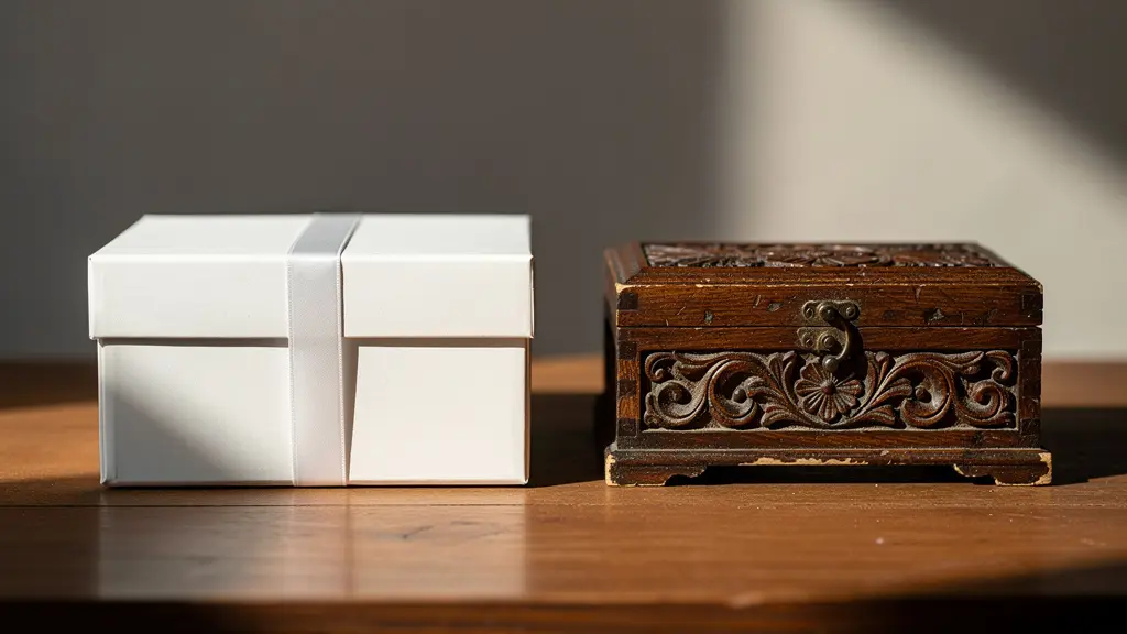 Deux coffrets cadeaux de styles différents posés sur une table en bois, symbolisant la différence d'approche entre un nouveau et un ancien client.