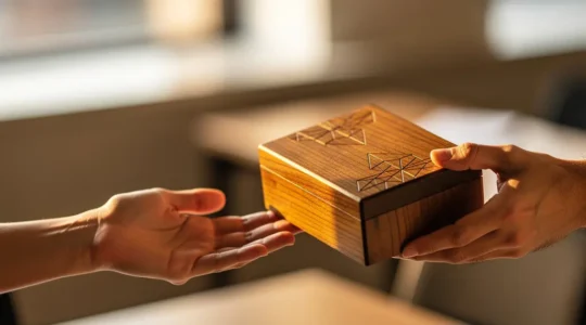 Main offrant un coffret cadeau élégant avec détails personnalisés