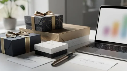Coffrets cadeaux haut de gamme et cartes personnalisées disposés élégamment sur un bureau moderne