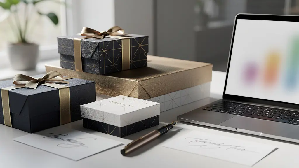 Coffrets cadeaux haut de gamme et cartes personnalisées disposés élégamment sur un bureau moderne