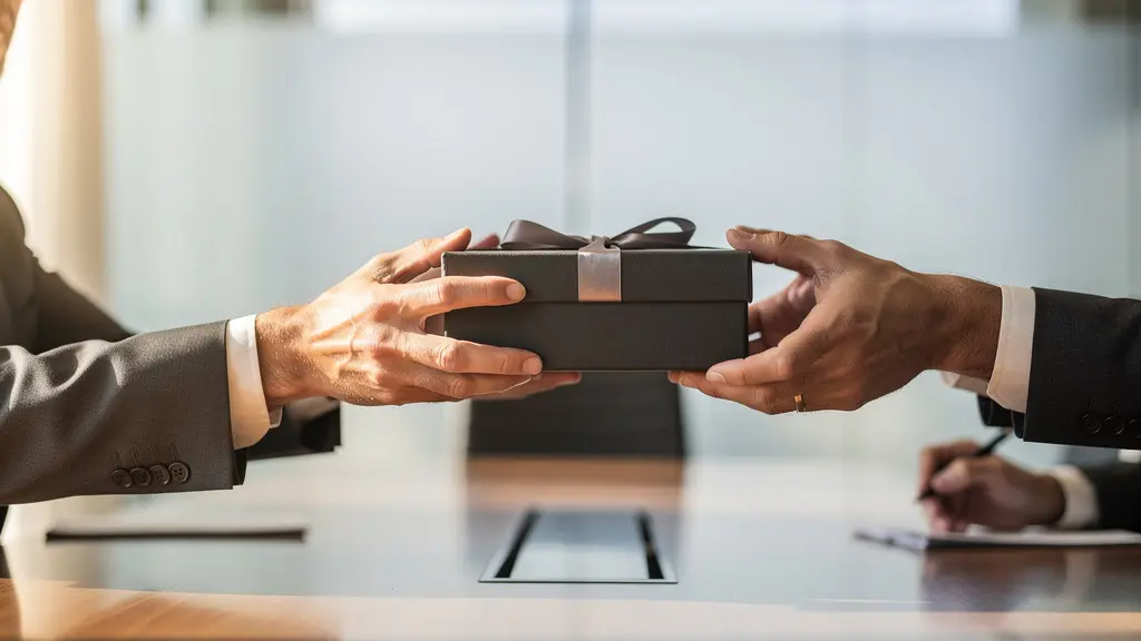 Mains échangeant un coffret cadeau élégant dans un contexte de négociation d'affaires