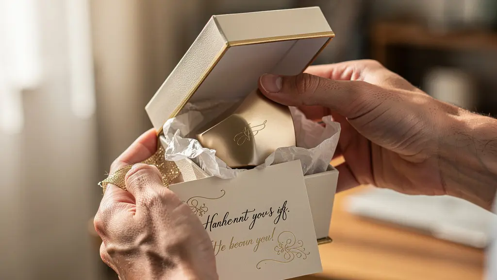 Coffret cadeau ouvert révélant un produit personnalisé avec une carte manuscrite