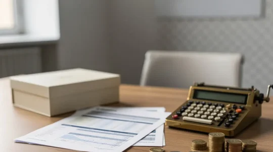 Bureau professionnel avec calculatrice, documents fiscaux et coffret cadeau élégant dans un environnement d'entreprise français