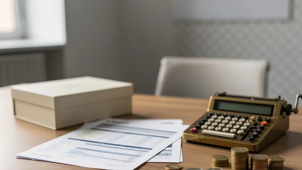 Bureau professionnel avec calculatrice, documents fiscaux et coffret cadeau élégant dans un environnement d'entreprise français