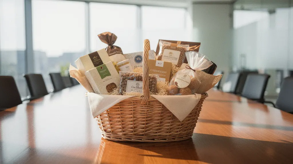 Panier gourmand collectif sur table de réunion dans environnement professionnel lumineux