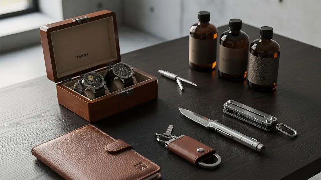 Collection de cadeaux masculins haut de gamme dans un environnement épuré