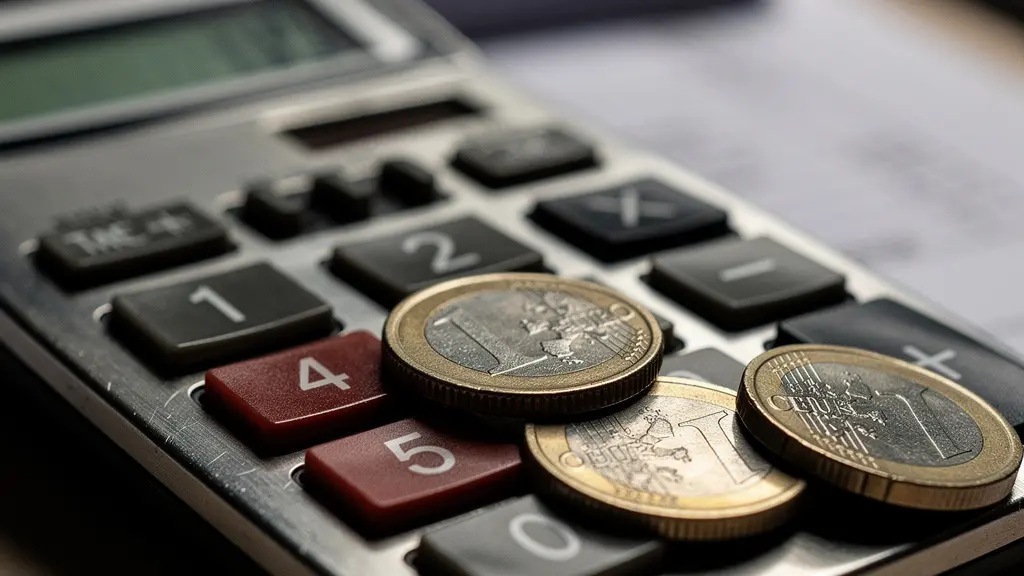 Gros plan sur une calculatrice professionnelle avec pièces euros et factures floues en arrière-plan