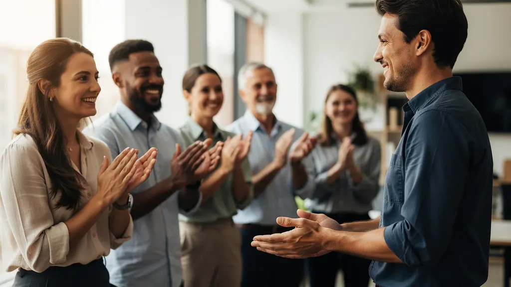 Cérémonie de remise de prix avec une équipe applaudissant chaleureusement un collègue qui reçoit une distinction dans un bureau moderne.