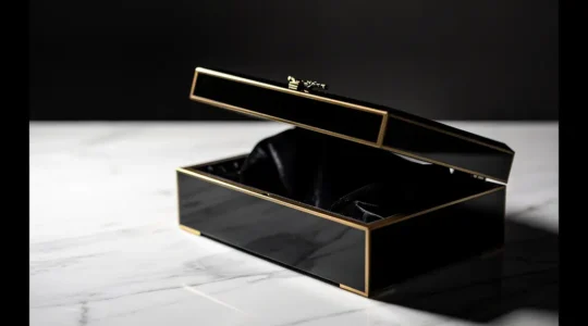 Coffret de luxe en bois laqué noir avec détails dorés, posé sur une surface de marbre, éclairage tamisé mettant en valeur les textures