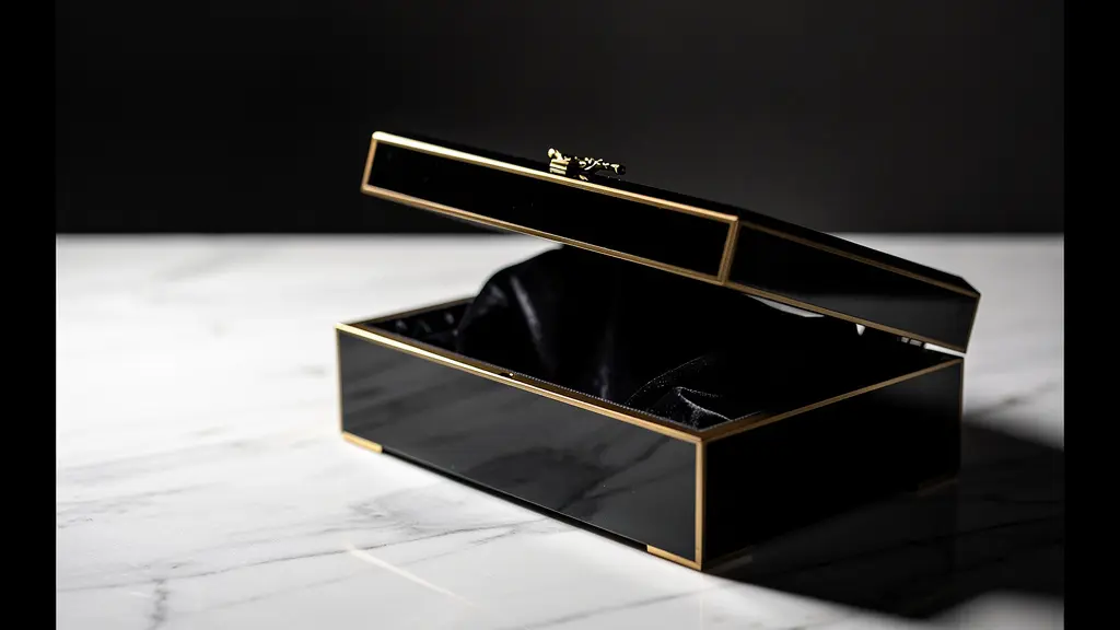 Coffret de luxe en bois laqué noir avec détails dorés, posé sur une surface de marbre, éclairage tamisé mettant en valeur les textures
