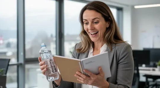 Collaboratrice découvrant son kit de bienvenue personnalisé dans un bureau suisse moderne