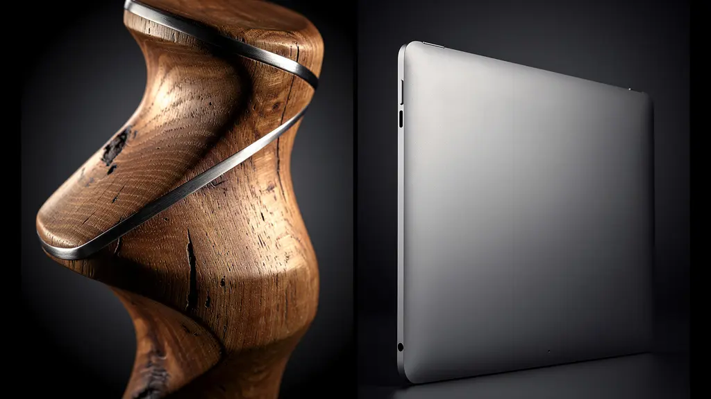 Composition minimaliste montrant un objet artisanal en bois noble avec détails métalliques raffinés côte à côte avec un dispositif technologique épuré
