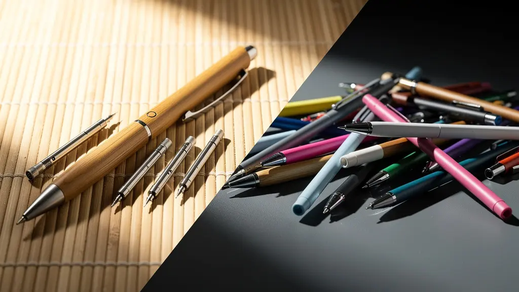Comparaison visuelle de stylos rechargeables en bambou avec recharges face à une pile de stylos jetables.