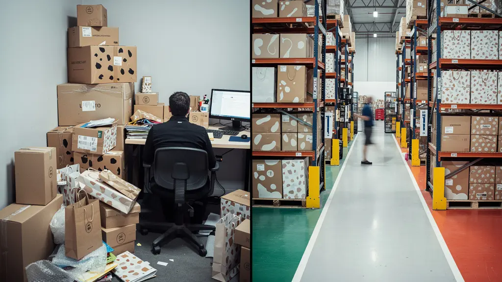 Comparaison visuelle entre un espace de stockage interne encombré et un centre logistique professionnel organisé