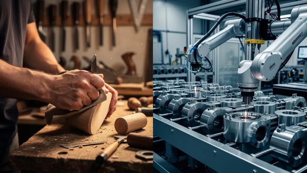 Comparaison visuelle entre un atelier artisanal français et une production industrielle, mettant en avant les différences de fabrication