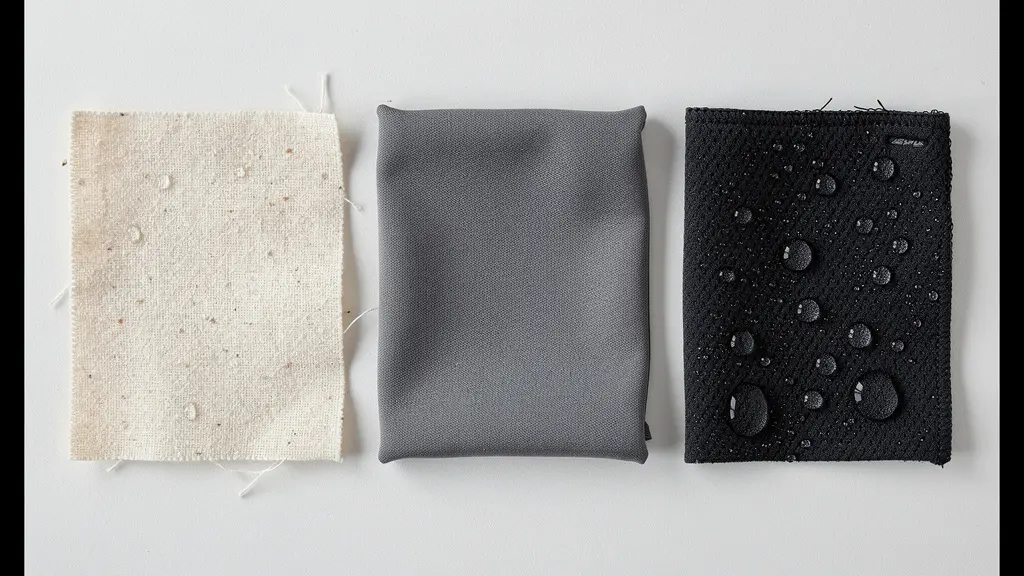 Trois échantillons de tissus professionnels côte à côte montrant les différences de texture entre coton bio, polyester recyclé et softshell