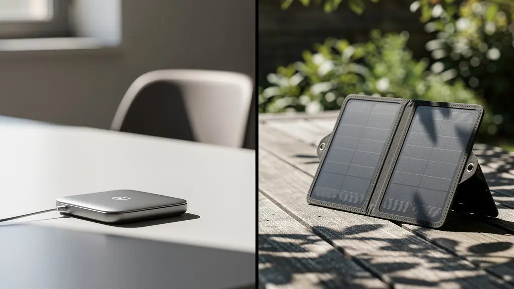Comparaison visuelle entre technologie de charge par induction et solaire pour objets publicitaires