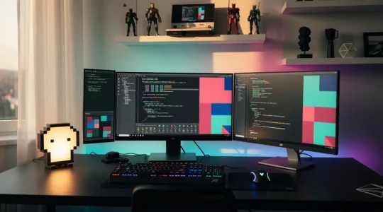 Développeur entouré d'objets geek dans un bureau moderne avec éclairage RGB