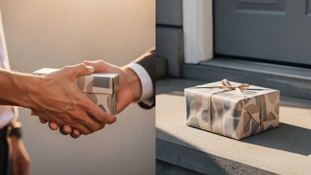 Comparaison visuelle de la remise en main propre et de l'envoi postal d'un cadeau d'entreprise