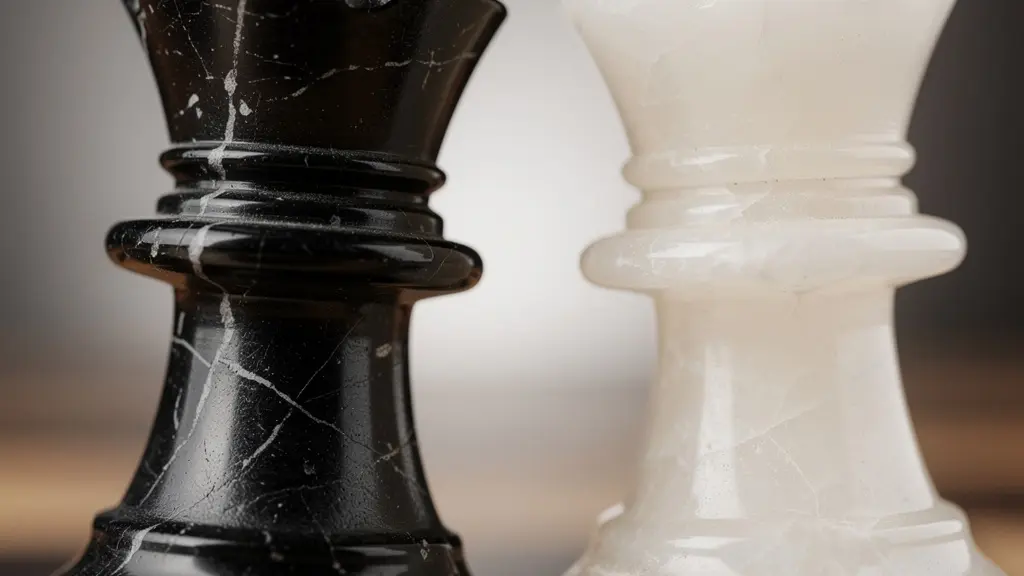 Deux pièces d'échecs complémentaires, un roi et une reine, en gros plan, symbolisant la force d'une collaboration stratégique.