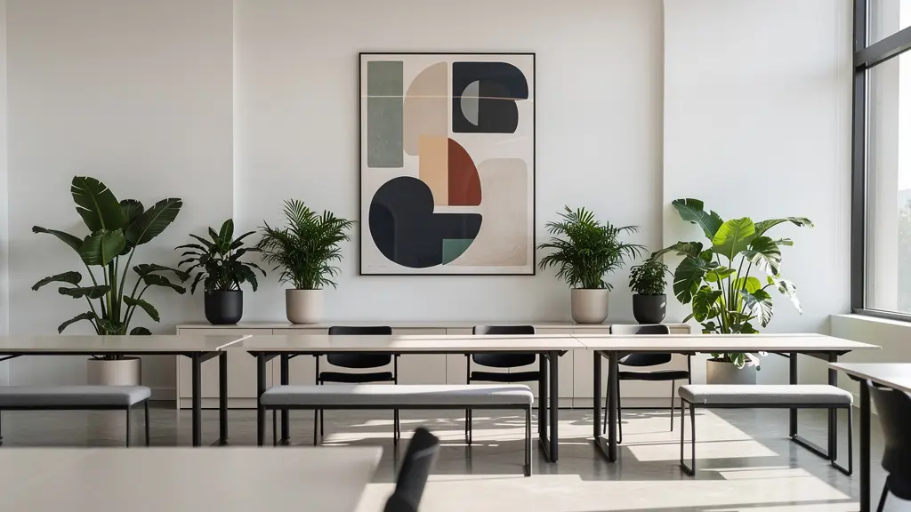 Espace de bureau moderne avec une œuvre d'art abstraite et des plantes vertes