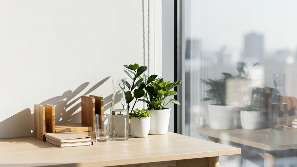 Bureau moderne avec fournitures écologiques et plantes, ambiance minimaliste et lumineuse
