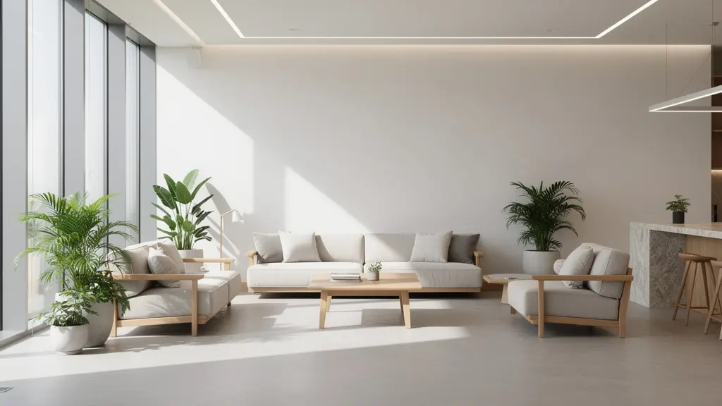 Espace de détente d'entreprise moderne et convivial, avec du mobilier confortable, des plantes vertes et une lumière naturelle abondante.