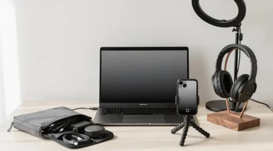 Espace de travail moderne avec équipements de visioconférence professionnels et accessoires multimédia