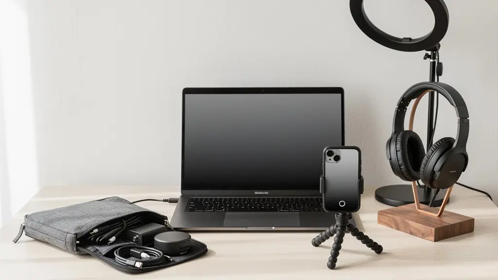 Espace de travail moderne avec équipements de visioconférence professionnels et accessoires multimédia
