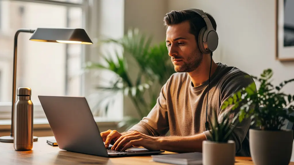 Espace de travail hybride moderne avec objets professionnels polyvalents