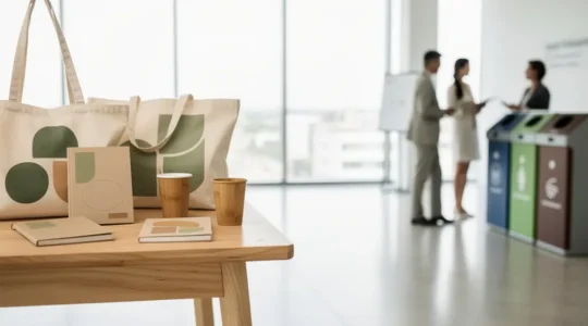 Espace événementiel moderne avec stations de tri élégantes et goodies réutilisables exposés sur table en bois