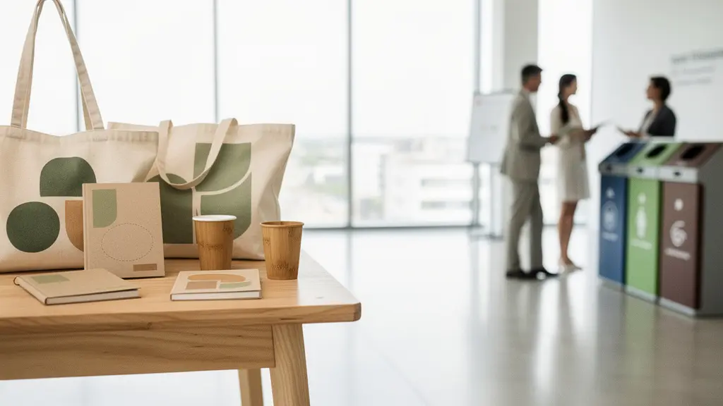 Espace événementiel moderne avec stations de tri élégantes et goodies réutilisables exposés sur table en bois
