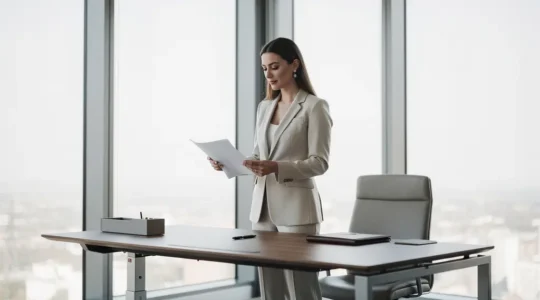 Femme cadre dirigeante dans un environnement professionnel moderne, incarnant le leadership et la prise de décision