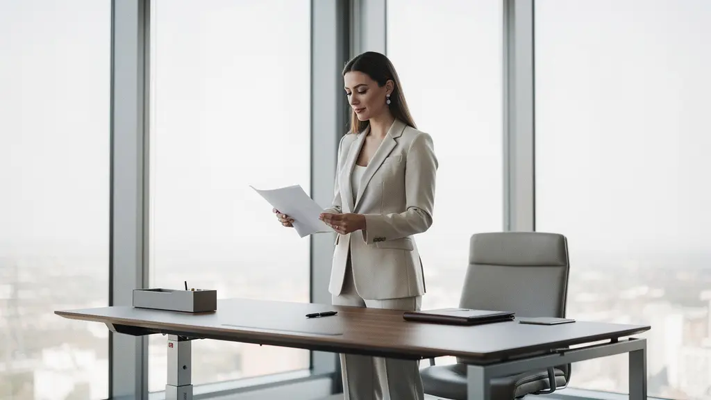 Femme cadre dirigeante dans un environnement professionnel moderne, incarnant le leadership et la prise de décision