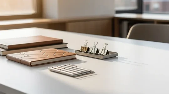 Objets de bureau transformés en outils marketing créatifs dans un environnement professionnel moderne