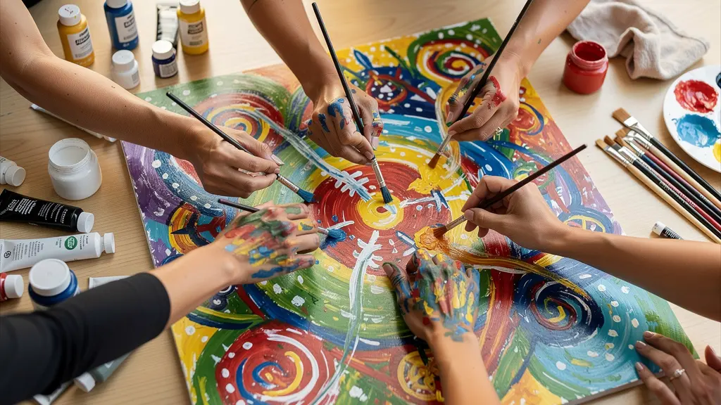 Mains multiples travaillant ensemble sur une œuvre collective colorée