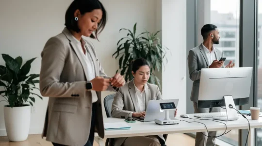 Professionnels utilisant des objets connectés dans un environnement de bureau moderne et lumineux