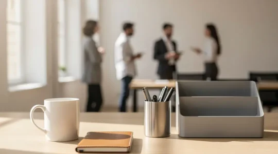 Espace de travail moderne avec différents goodies de bureau disposés de manière élégante sur un bureau en bois