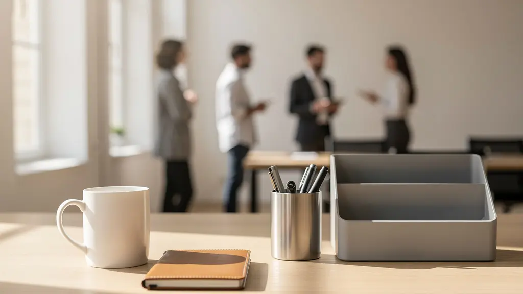 Espace de travail moderne avec différents goodies de bureau disposés de manière élégante sur un bureau en bois